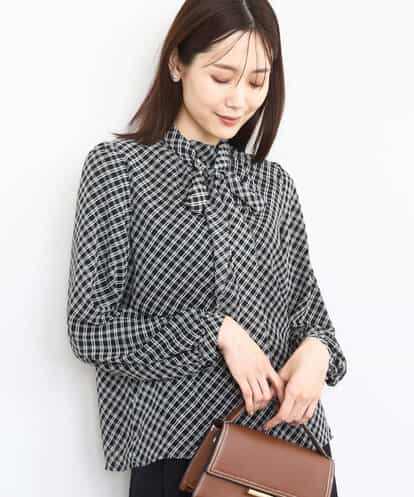 FKBAD04140 MK MICHEL KLEIN チェック柄ボウタイシフォンブラウス/洗える