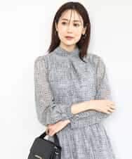 FKBAD05140 MK MICHEL KLEIN(MK ミッシェルクラン) ツイード調チェックプリント シフォンブラウス/洗える グレー