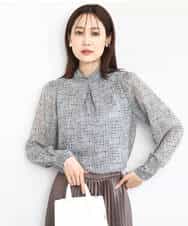 FKBAD05140 MK MICHEL KLEIN(MK ミッシェルクラン) ツイード調チェックプリント シフォンブラウス/洗える グレー