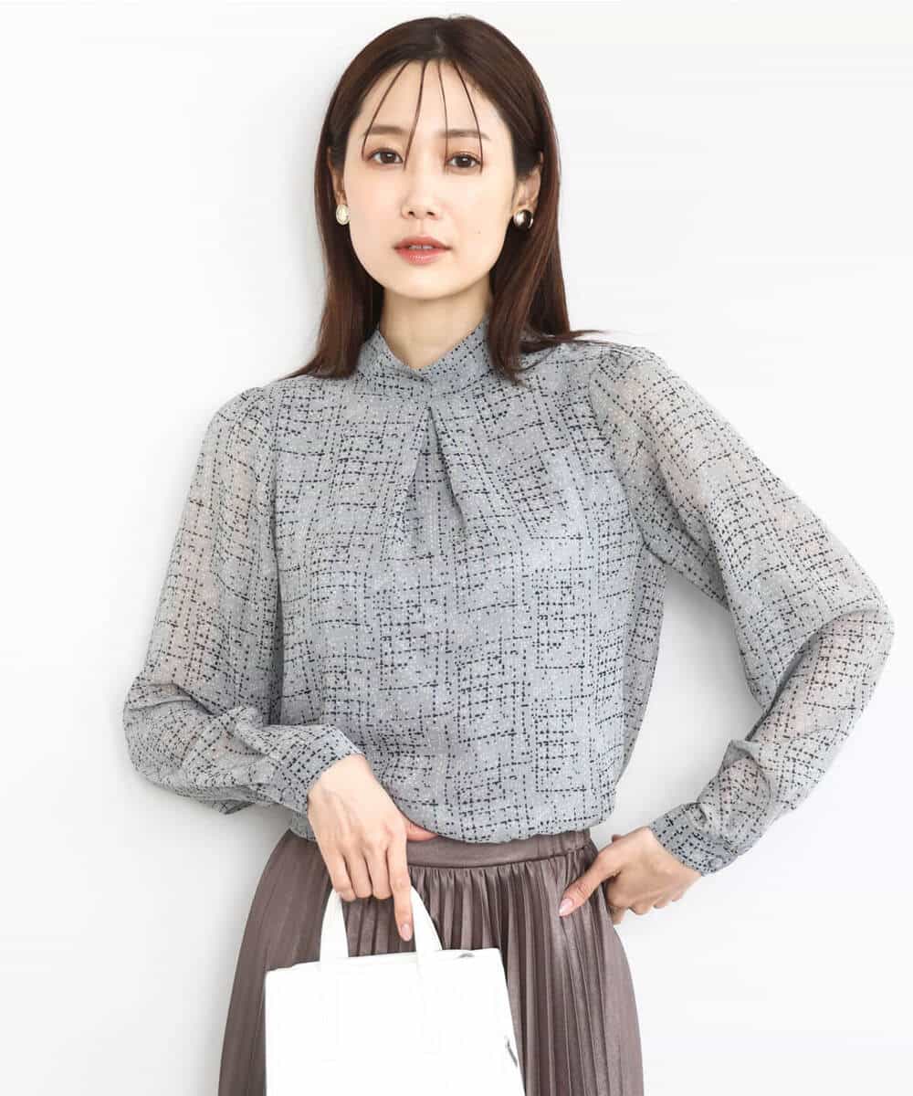FKBAD05140 MK MICHEL KLEIN(MK ミッシェルクラン) ツイード調チェックプリント シフォンブラウス/洗える グレー
