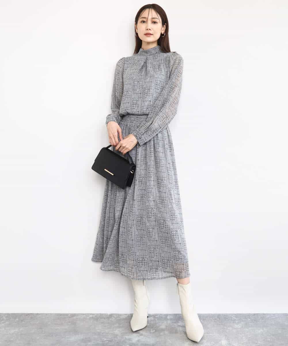 FKBAD05140 MK MICHEL KLEIN(MK ミッシェルクラン) ツイード調チェックプリント シフォンブラウス/洗える グレー