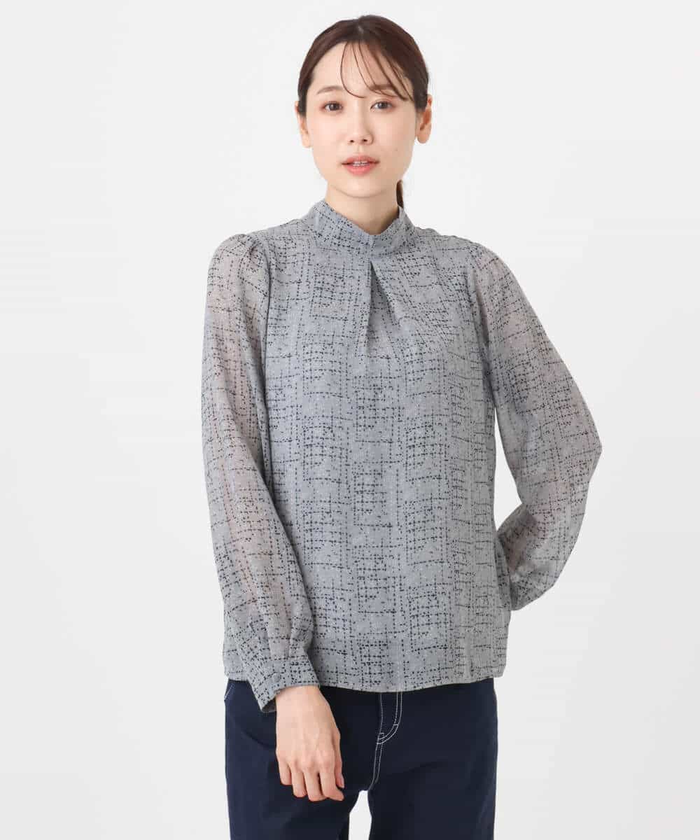 FKBAD05140 MK MICHEL KLEIN(MK ミッシェルクラン) ツイード調チェックプリント シフォンブラウス/洗える グレー