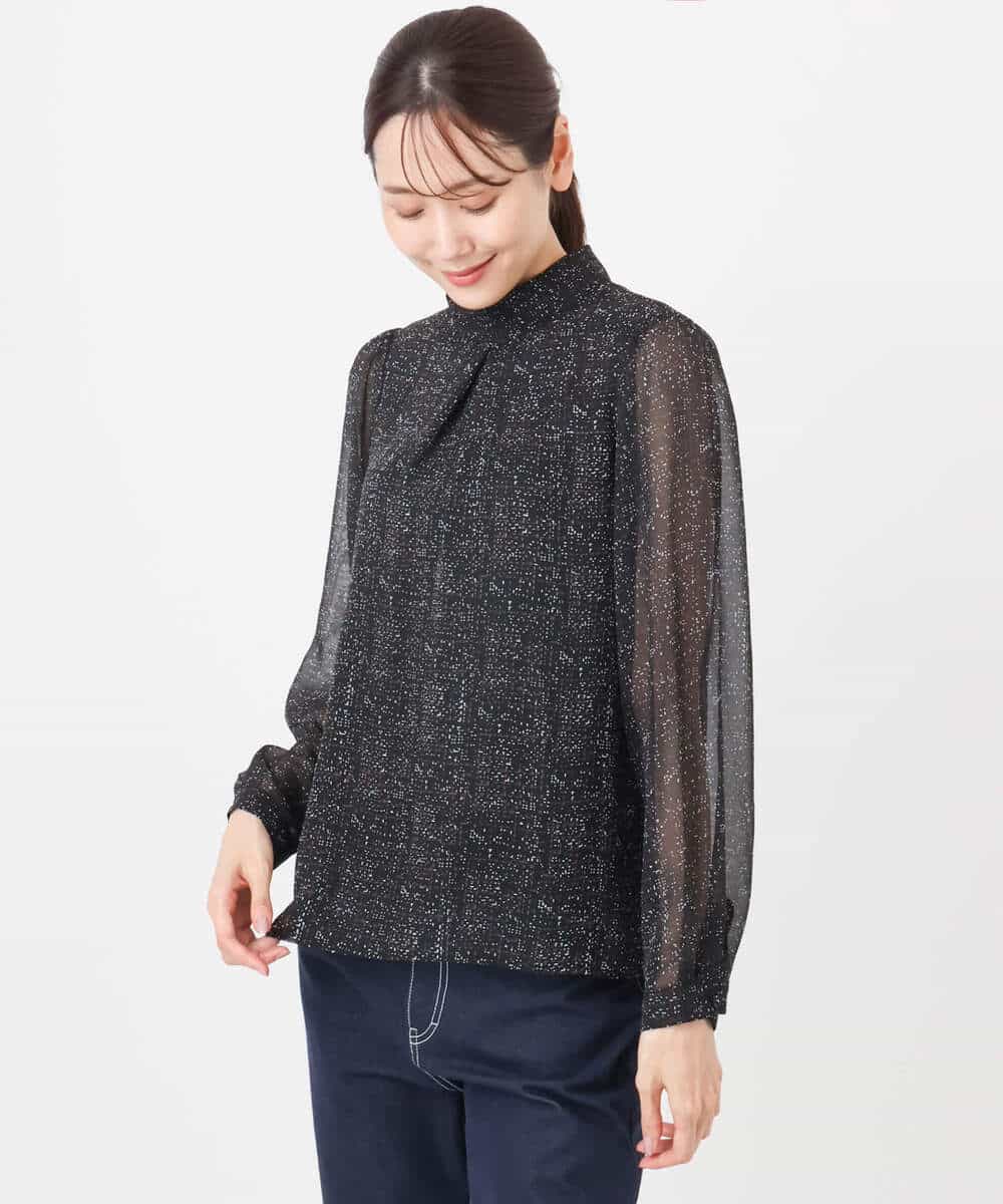 FKBAD05140 MK MICHEL KLEIN(MK ミッシェルクラン) ツイード調チェックプリント シフォンブラウス/洗える グレー