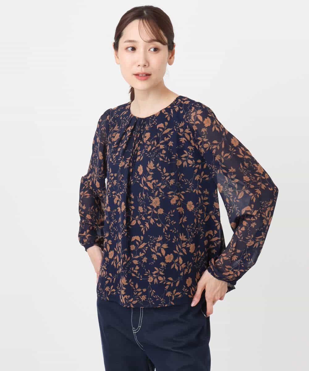 FKBAD06140 MK MICHEL KLEIN(MK ミッシェルクラン) レトロ花柄ブラウス/洗える ネイビー