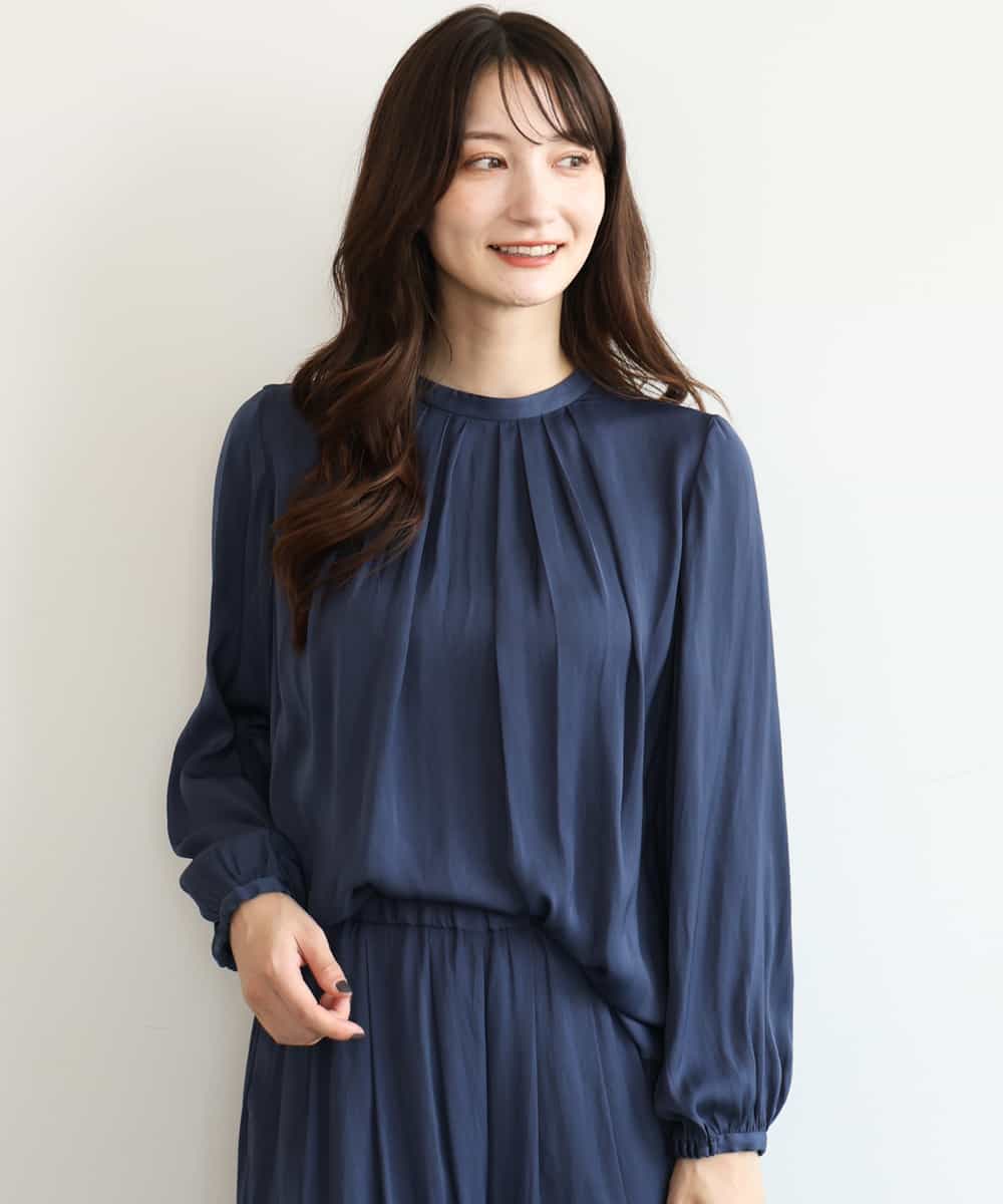 FKBAG52140 MK MICHEL KLEIN(MK ミッシェルクラン) [洗える]起毛サテンバンドカラーブラウス ネイビー
