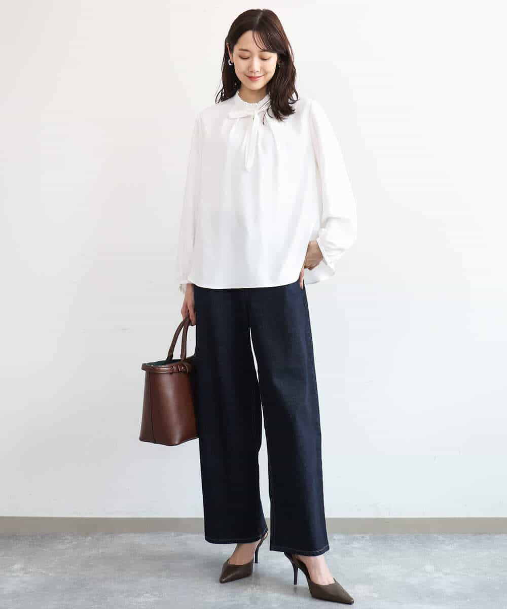 FKBAG53160 MK MICHEL KLEIN(MK ミッシェルクラン) [洗える]リボンタイ付きフリルネックブラウス ライトグレー