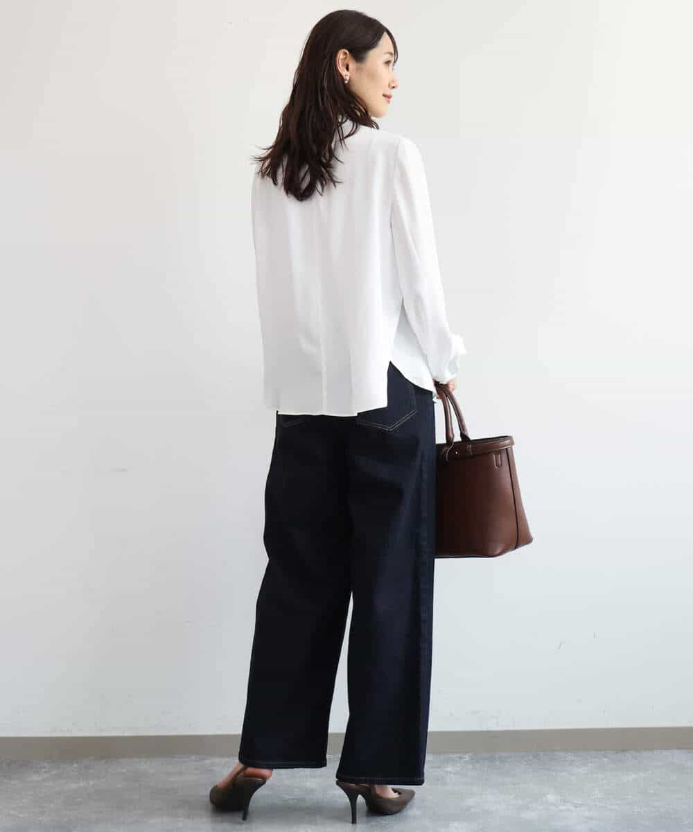 FKBAG53160 MK MICHEL KLEIN(MK ミッシェルクラン) [洗える]リボンタイ付きフリルネックブラウス ライトグレー
