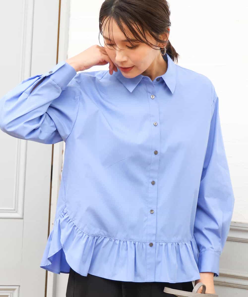 FKBAG55160 MK MICHEL KLEIN(MK ミッシェルクラン) [洗える]フリルヘムデザインシャツブラウス（ブルー・ストライプ） ライトブルー（ストライプ柄）