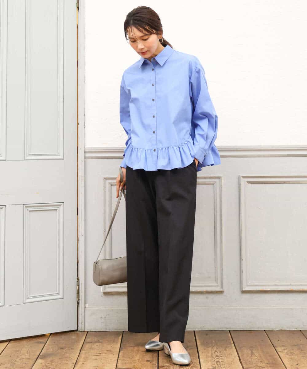 FKBAG55160 MK MICHEL KLEIN(MK ミッシェルクラン) [洗える]フリルヘムデザインシャツブラウス（ブルー・ストライプ） ライトブルー（ストライプ柄）