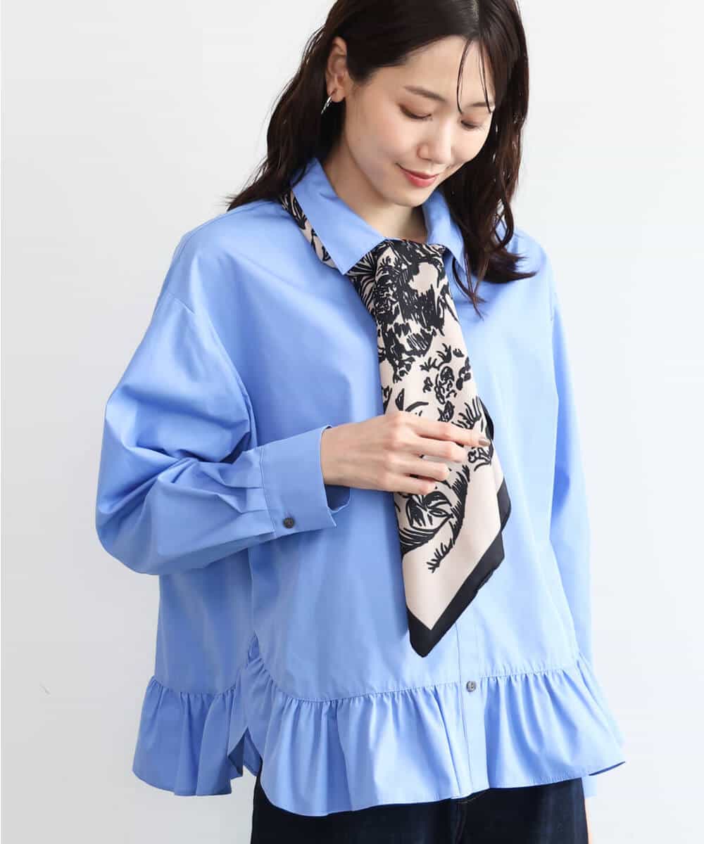 FKBAG55160 MK MICHEL KLEIN(MK ミッシェルクラン) [洗える]フリルヘムデザインシャツブラウス（ブルー・ストライプ） ライトブルー（ストライプ柄）