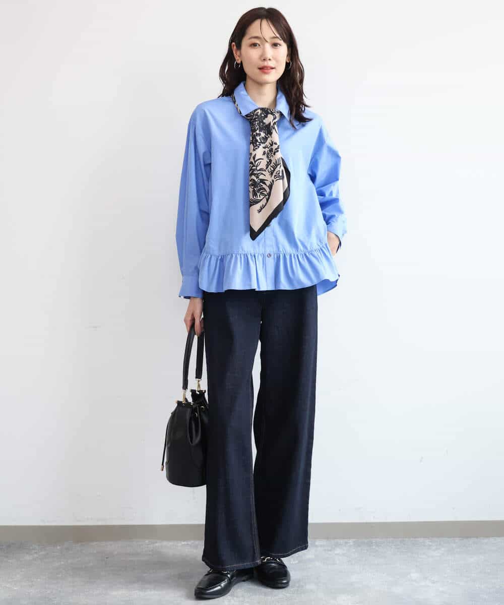 FKBAG55160 MK MICHEL KLEIN(MK ミッシェルクラン) [洗える]フリルヘムデザインシャツブラウス（ブルー・ストライプ） ライトブルー（ストライプ柄）