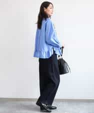 FKBAG55160 MK MICHEL KLEIN(MK ミッシェルクラン) [洗える]フリルヘムデザインシャツブラウス（ブルー・ストライプ） ライトブルー（ストライプ柄）
