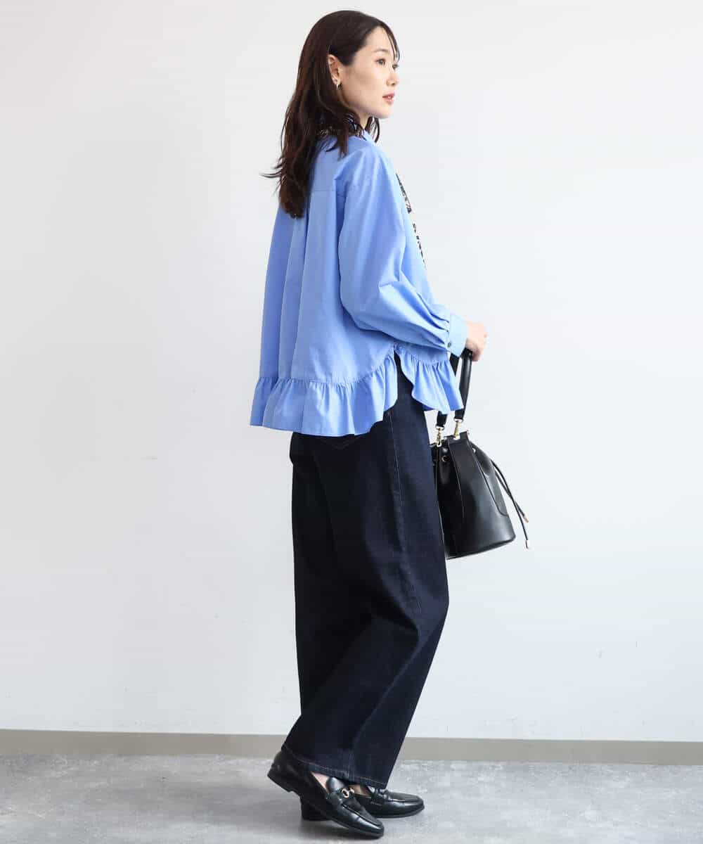 FKBAG55160 MK MICHEL KLEIN(MK ミッシェルクラン) [洗える]フリルヘムデザインシャツブラウス（ブルー・ストライプ） ライトブルー（ストライプ柄）