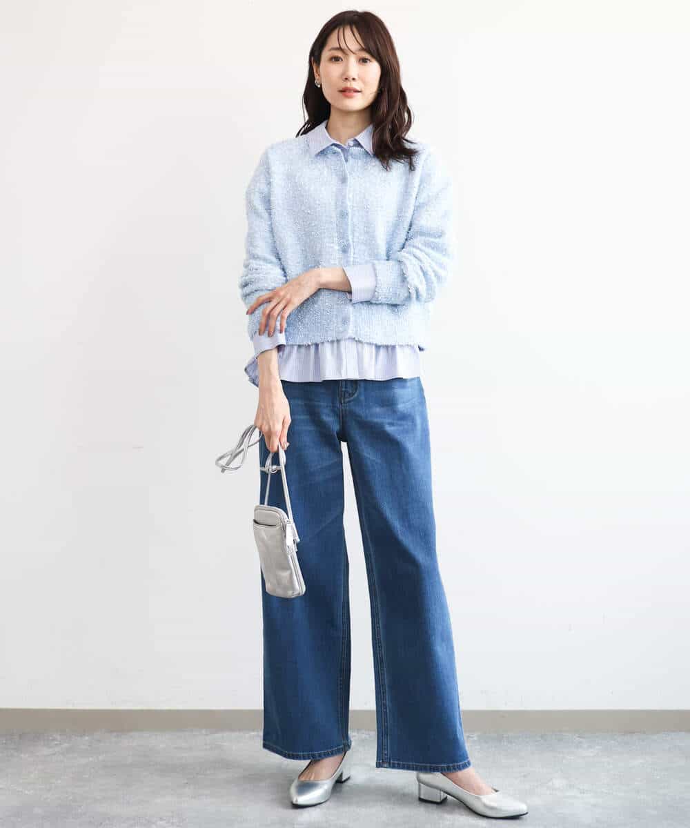 FKBAG55160 MK MICHEL KLEIN(MK ミッシェルクラン) [洗える]フリルヘムデザインシャツブラウス（ブルー・ストライプ） ライトブルー（ストライプ柄）