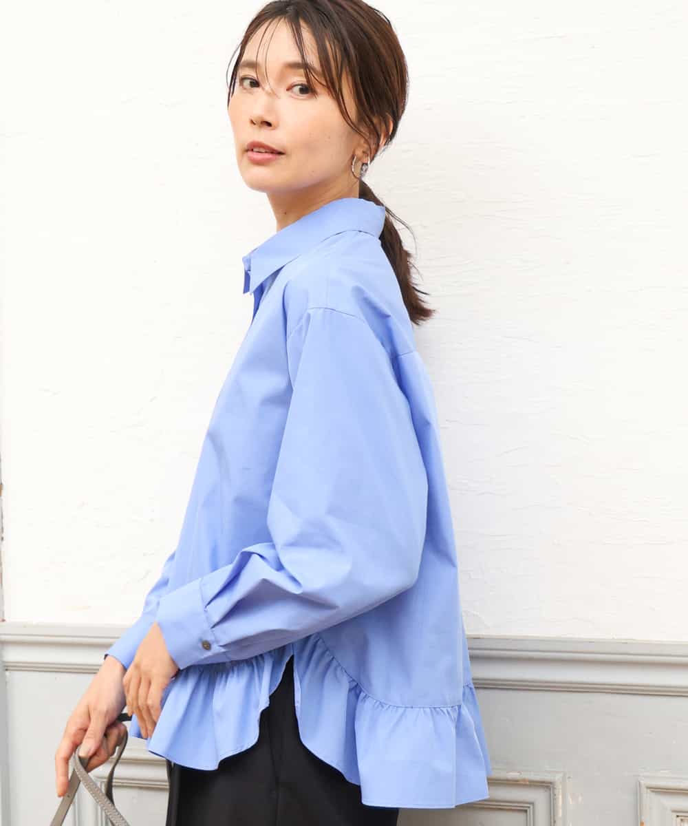 FKBAG55160 MK MICHEL KLEIN(MK ミッシェルクラン) [洗える]フリルヘムデザインシャツブラウス（ブルー・ストライプ） ブルー（無地）