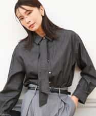 FKBAG56160 MK MICHEL KLEIN(MK ミッシェルクラン) [洗える]ボウタイ付きデニムライクシャツブラウス ブラック（デニム調）