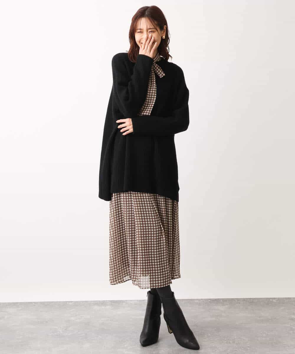 FKBAV03140 MK MICHEL KLEIN(MK ミッシェルクラン) スクエア幾何柄ボウタイシフォンブラウス/洗える ブラウン