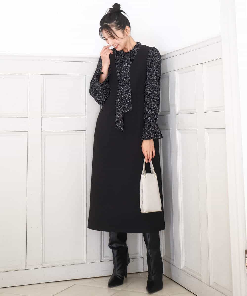 FKBBD57160 MK MICHEL KLEIN(MK ミッシェルクラン) パウダーサテン ボウタイブラウス/洗える ブラック（ドット柄）