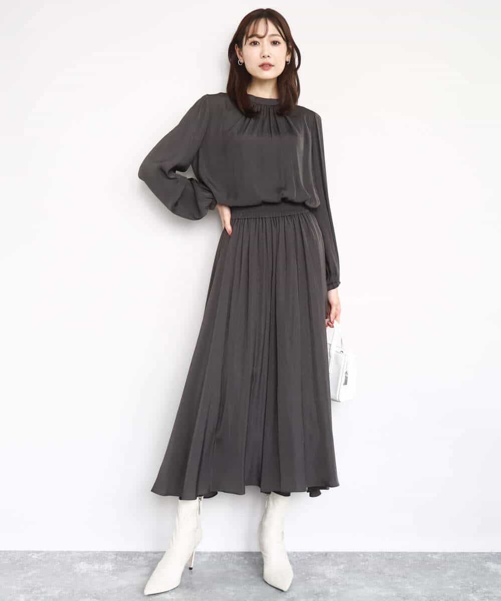 FKBBD59140 MK MICHEL KLEIN(MK ミッシェルクラン) 起毛サテンバンドカラーギャザーブラウス/洗える ブルー