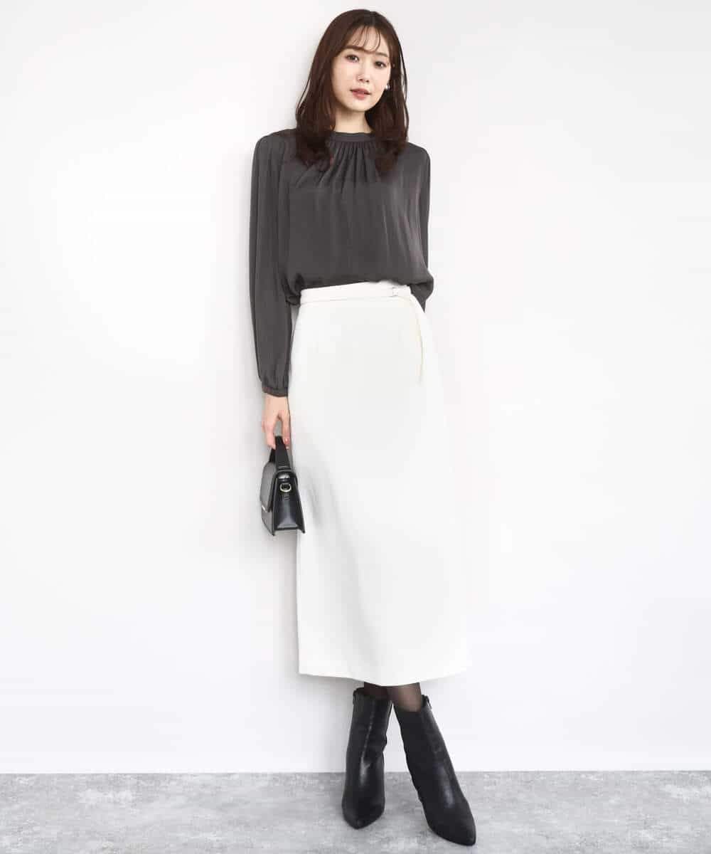 FKBBD59140 MK MICHEL KLEIN(MK ミッシェルクラン) 起毛サテンバンドカラーギャザーブラウス/洗える ブルー