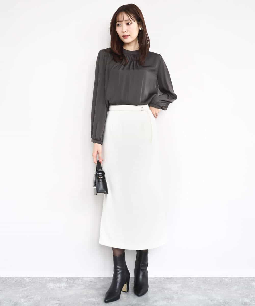 FKBBD59140 MK MICHEL KLEIN(MK ミッシェルクラン) 起毛サテンバンドカラーギャザーブラウス/洗える ブルー