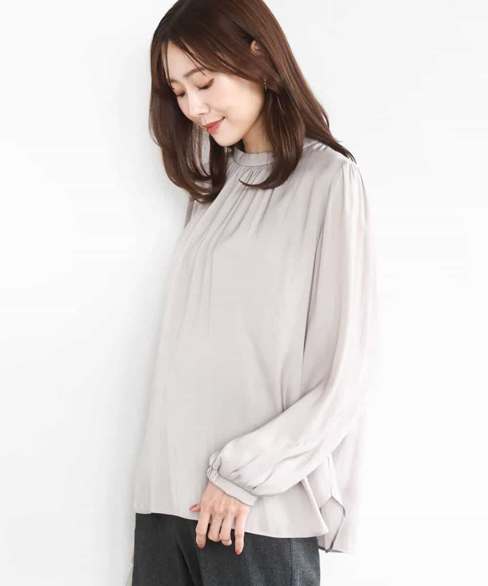 FKBBD59140 MK MICHEL KLEIN(MK ミッシェルクラン) 起毛サテンバンドカラーギャザーブラウス/洗える ブルー