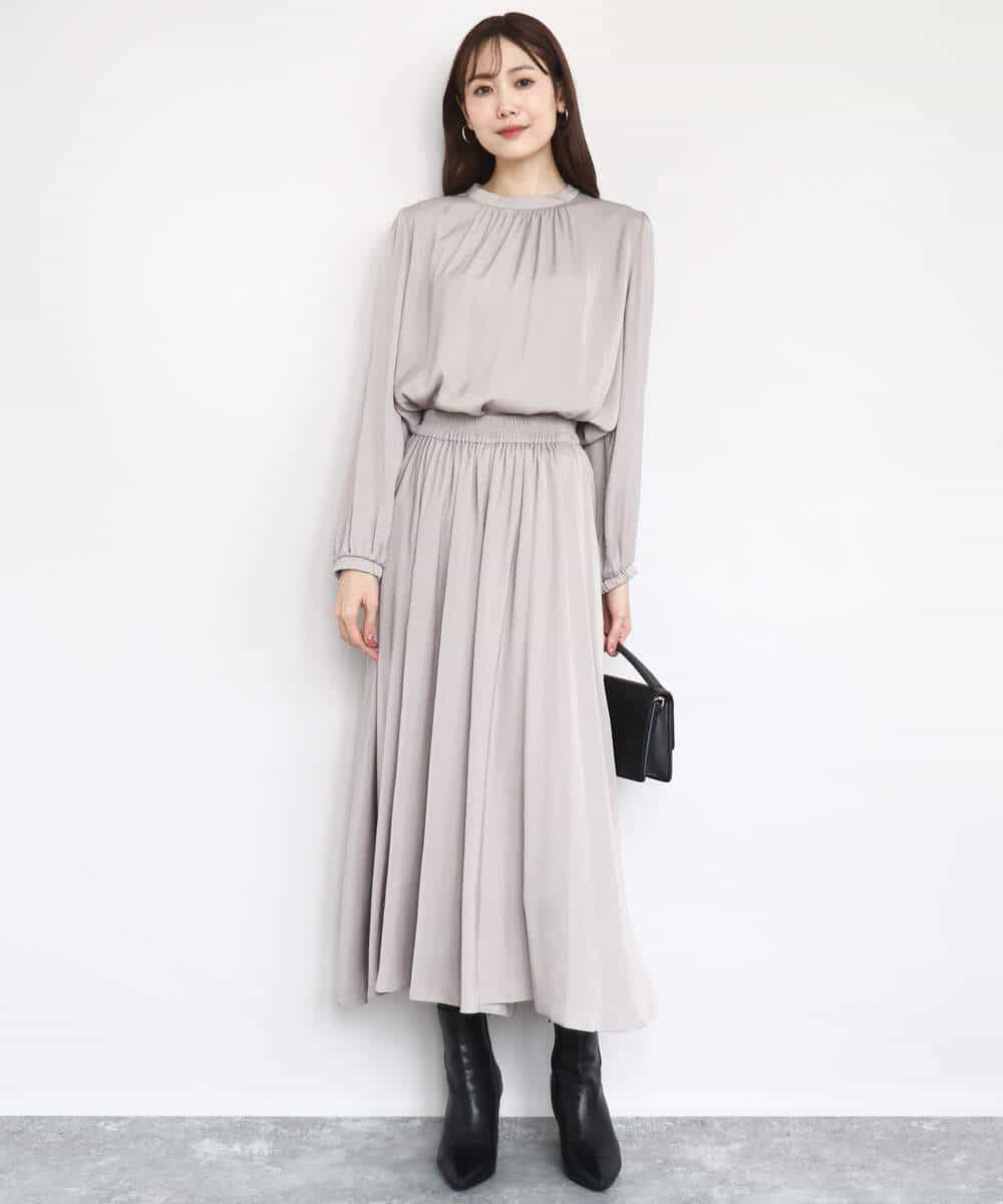 FKBBD59140 MK MICHEL KLEIN(MK ミッシェルクラン) 起毛サテンバンドカラーギャザーブラウス/洗える ブルー