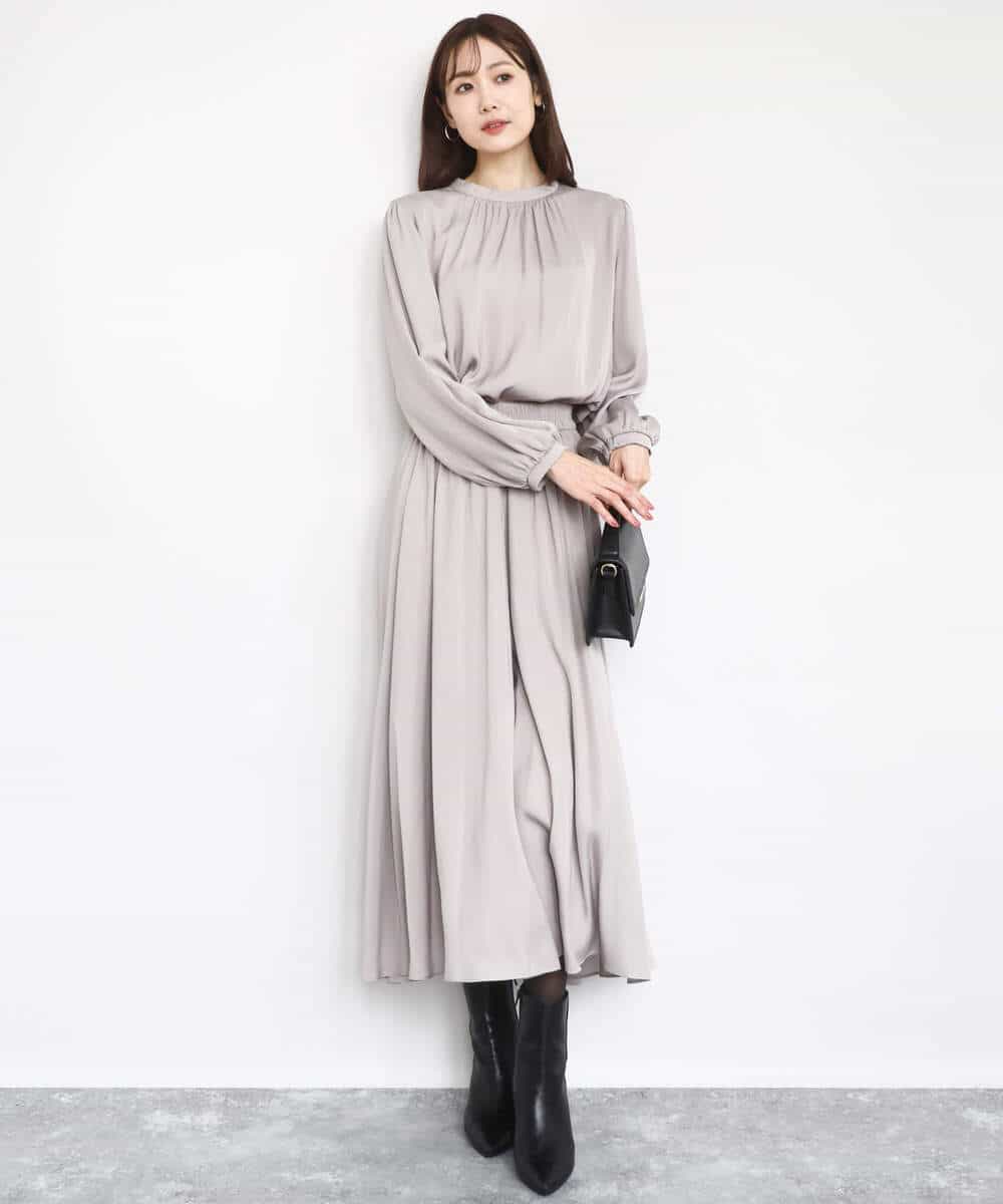 FKBBD59140 MK MICHEL KLEIN(MK ミッシェルクラン) 起毛サテンバンドカラーギャザーブラウス/洗える ブルー