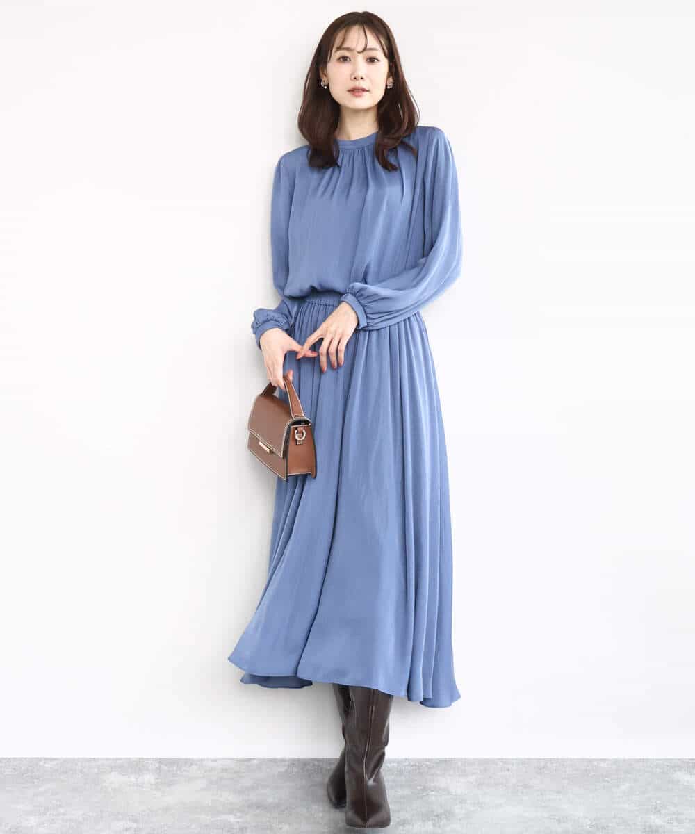 FKBBD59140 MK MICHEL KLEIN(MK ミッシェルクラン) 起毛サテンバンドカラーギャザーブラウス/洗える ブルー