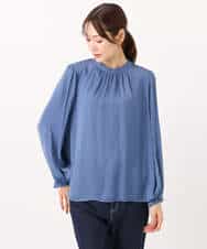 FKBBD59140 MK MICHEL KLEIN(MK ミッシェルクラン) 起毛サテンバンドカラーギャザーブラウス/洗える ブルー