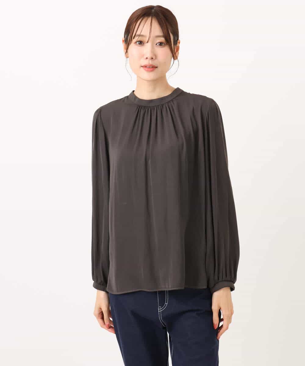 FKBBD59140 MK MICHEL KLEIN(MK ミッシェルクラン) 起毛サテンバンドカラーギャザーブラウス/洗える ブルー