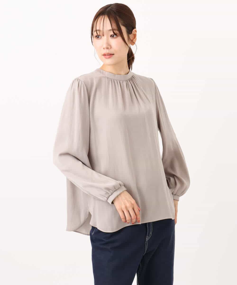 FKBBD59140 MK MICHEL KLEIN(MK ミッシェルクラン) 起毛サテンバンドカラーギャザーブラウス/洗える ブルー