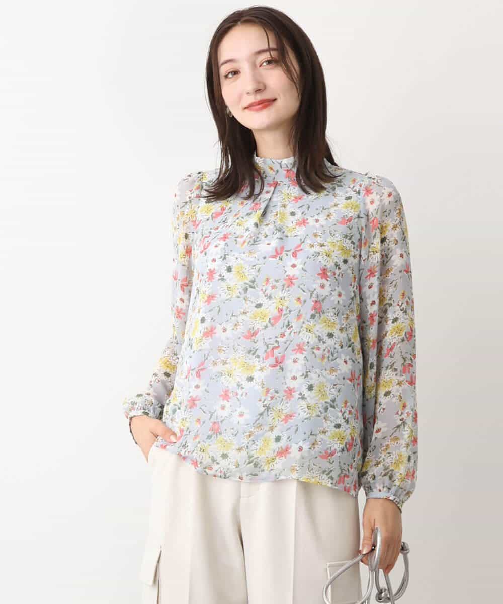 FKBDV07140 MK MICHEL KLEIN(MK ミッシェルクラン) 中花プリントシフォンブラウス/洗える ライトブルー
