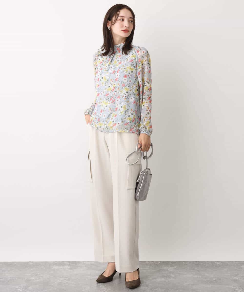 FKBDV07140 MK MICHEL KLEIN(MK ミッシェルクラン) 中花プリントシフォンブラウス/洗える ライトブルー