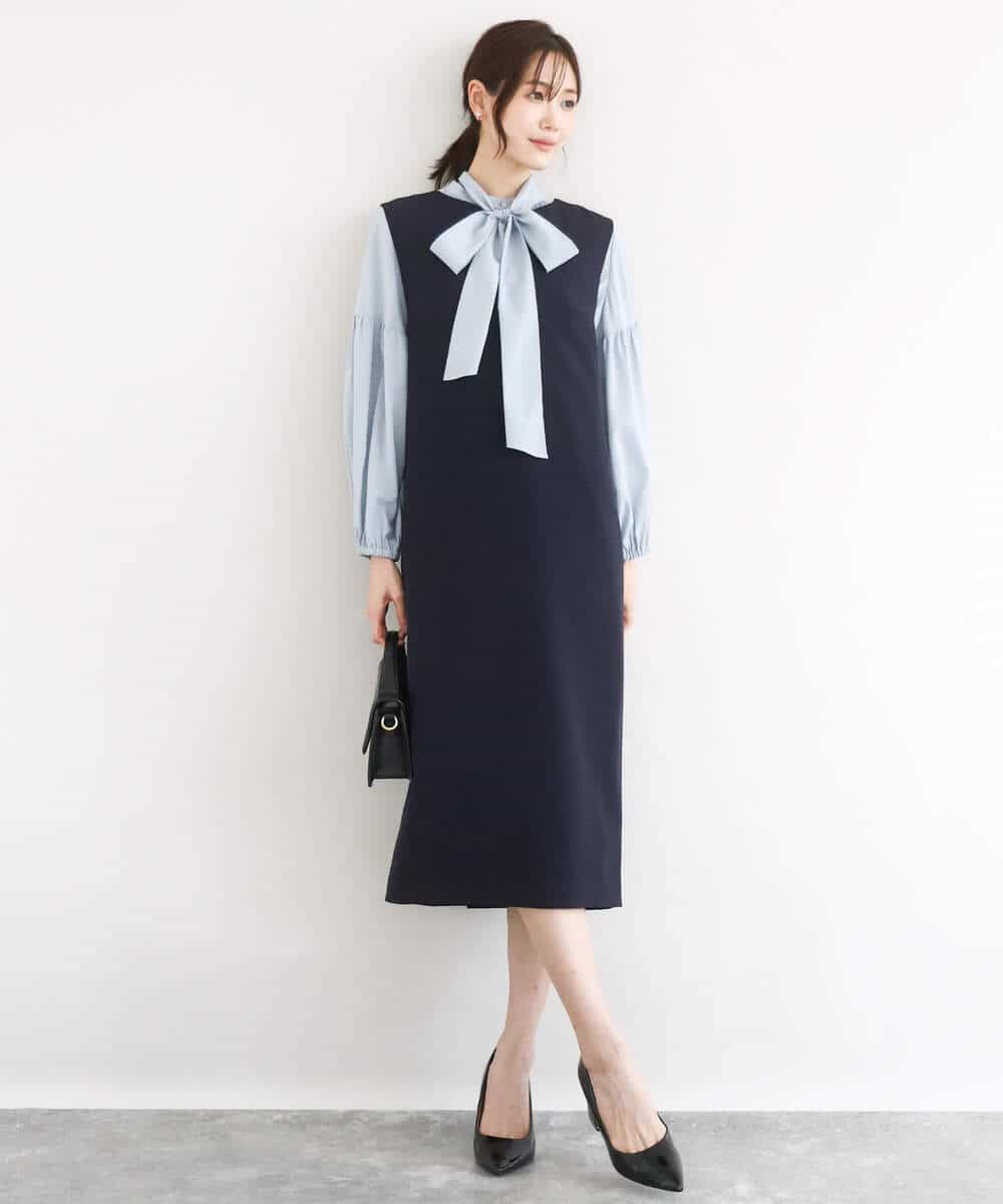 FKBFD10150 MK MICHEL KLEIN(MK ミッシェルクラン) ボウ付きバンドカラーブラウス/洗える ライトブルー