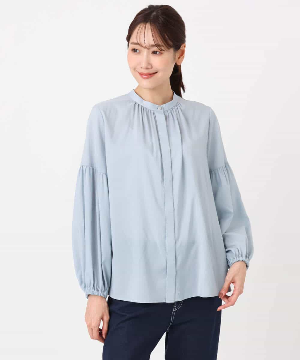 FKBFD10150 MK MICHEL KLEIN(MK ミッシェルクラン) ボウ付きバンドカラーブラウス/洗える ライトブルー