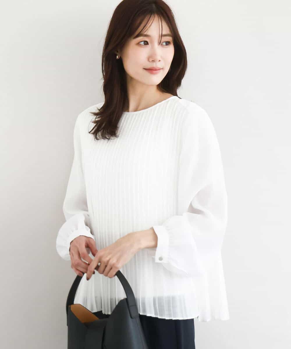 FKBFD12150 MK MICHEL KLEIN(MK ミッシェルクラン) プリーツデザインブラウス/洗える ライトグリーン