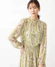 FKBFV01140 MK MICHEL KLEIN(MK ミッシェルクラン) ラインアートフラワーシフォンブラウス/洗える ライトグリーン