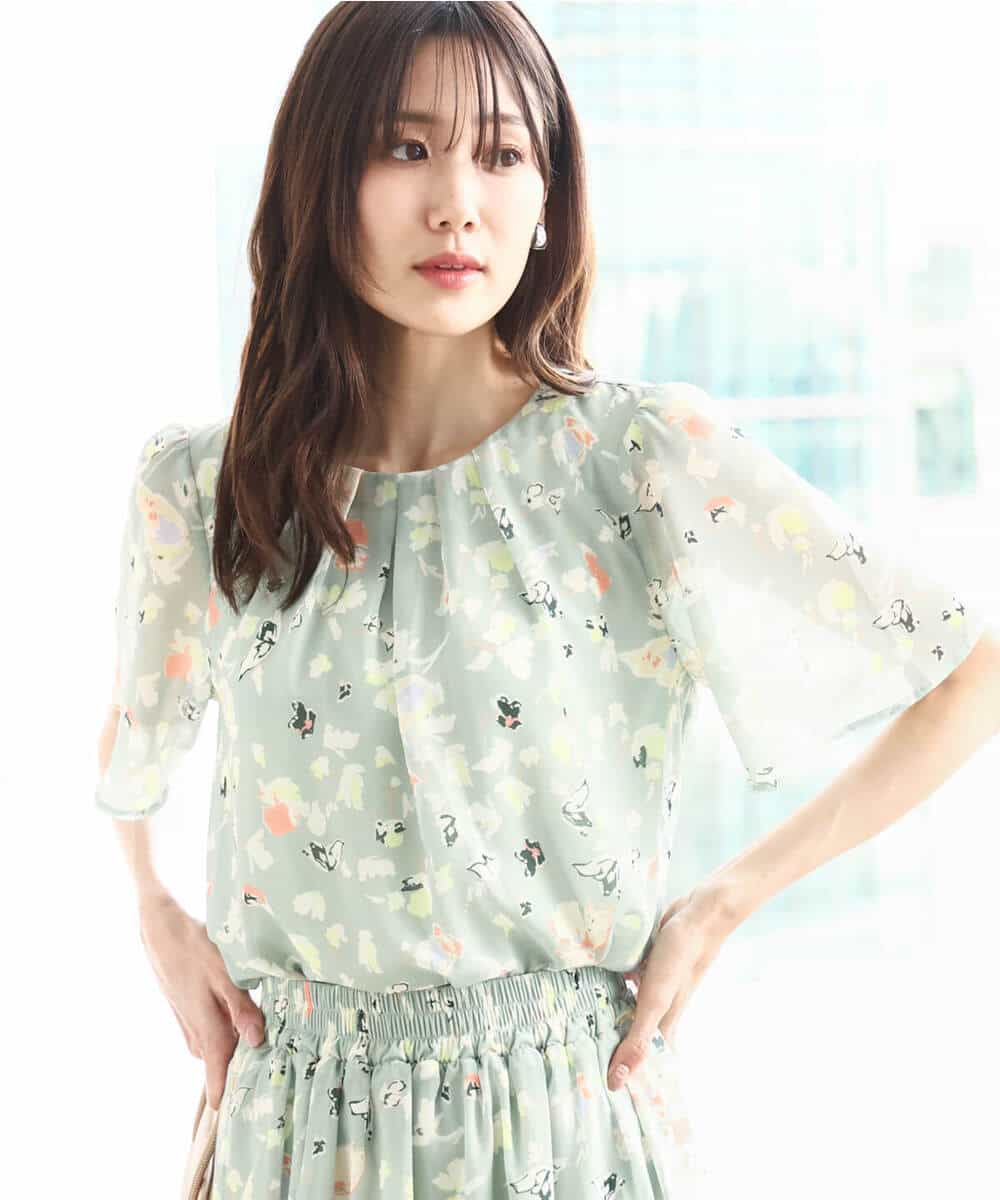 FKBGA04140 MK MICHEL KLEIN(MK ミッシェルクラン) フレアースリーブ花柄シフォンブラウス/洗える チャコール