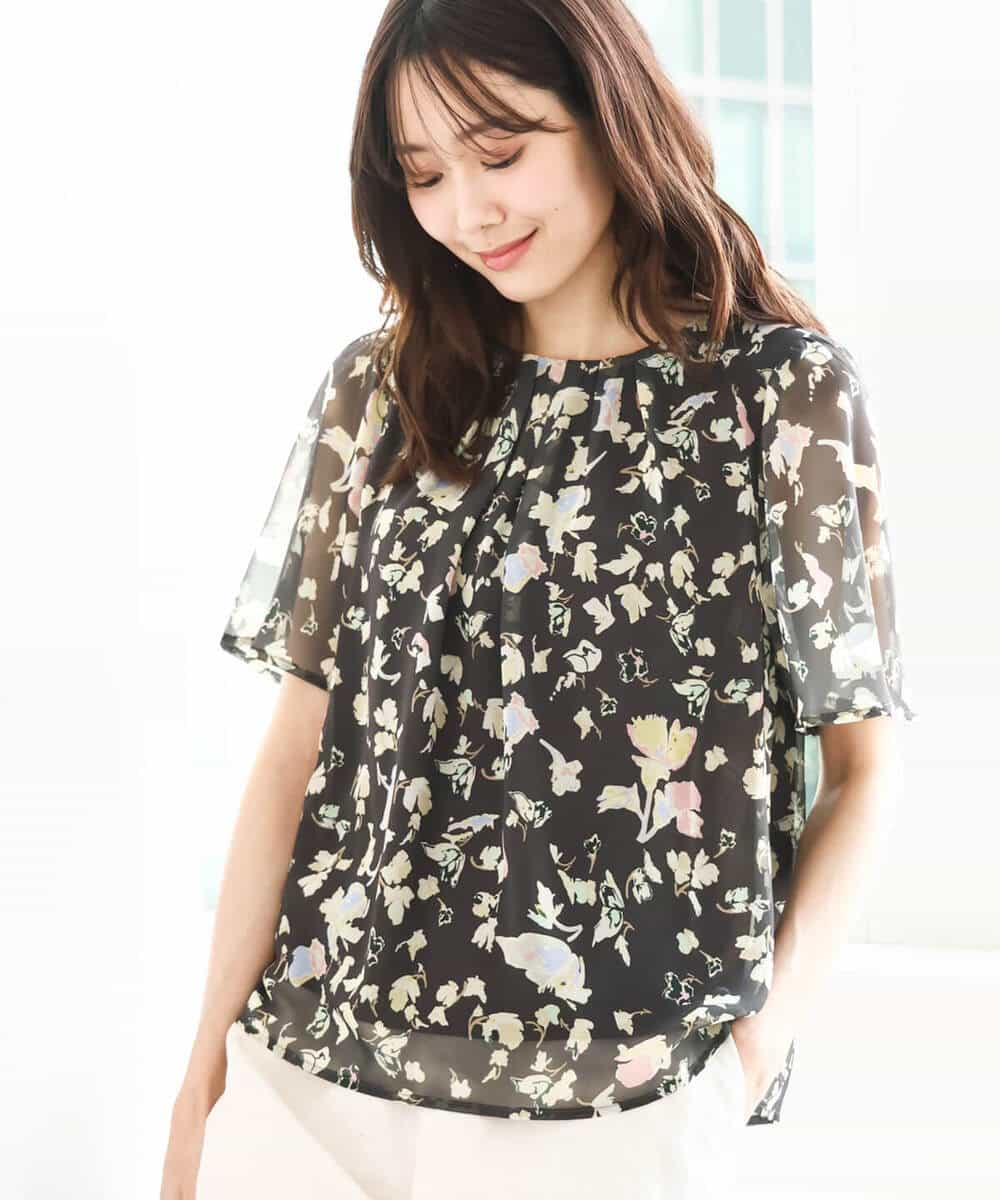 FKBGA04140 MK MICHEL KLEIN(MK ミッシェルクラン) フレアースリーブ花柄シフォンブラウス/洗える チャコール