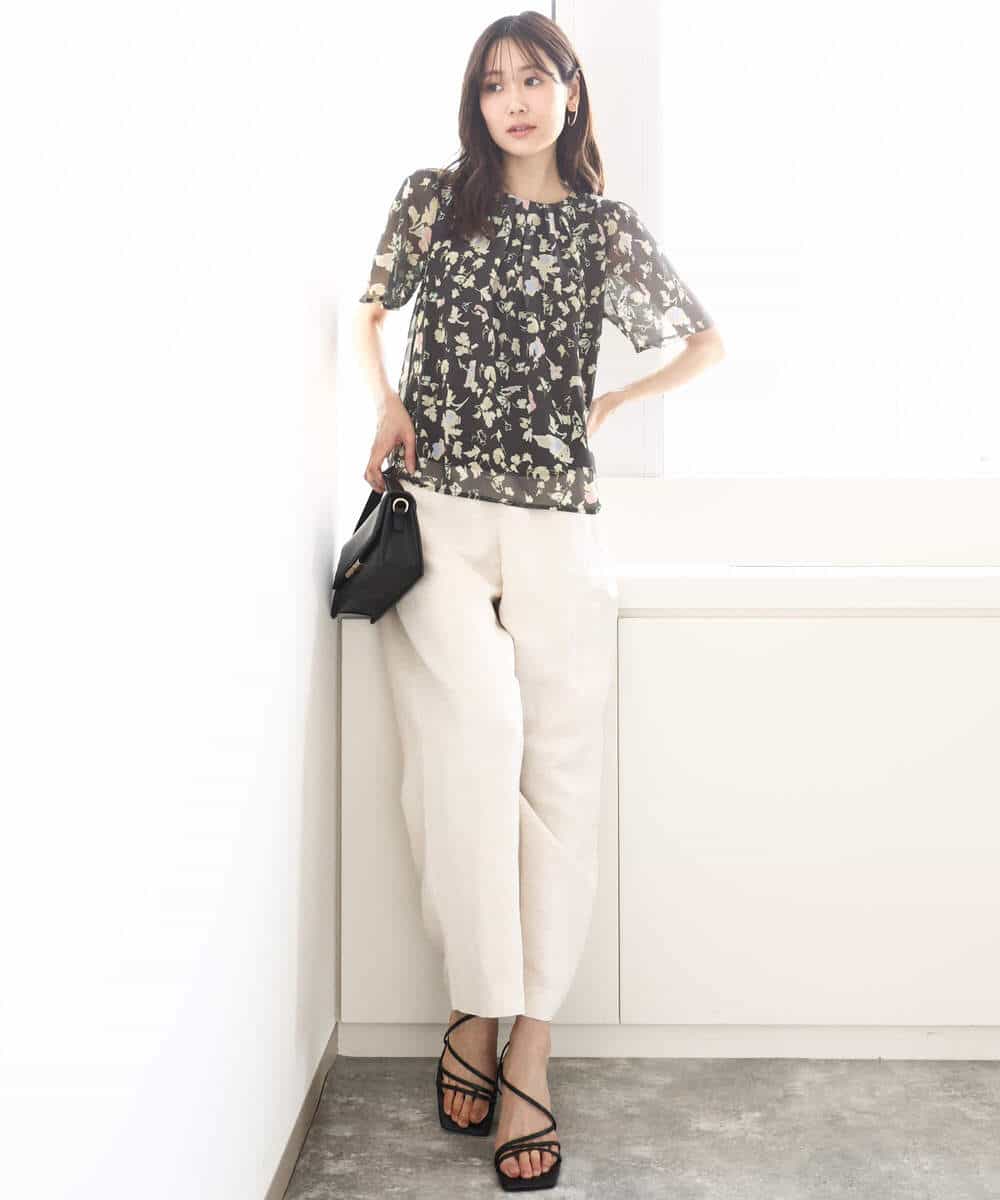 FKBGA04140 MK MICHEL KLEIN(MK ミッシェルクラン) フレアースリーブ花柄シフォンブラウス/洗える チャコール