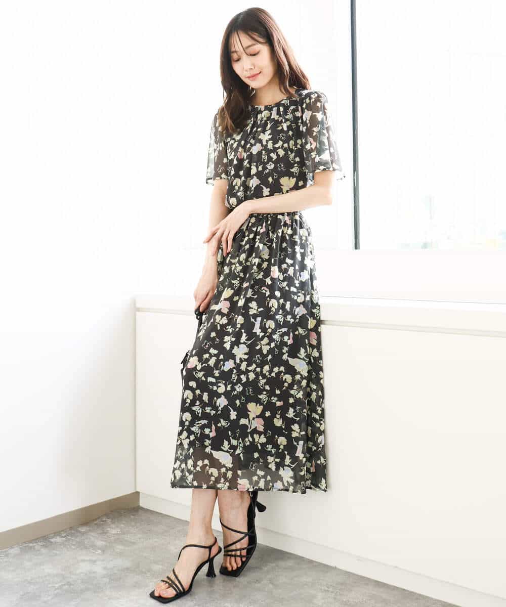 FKBGA04140 MK MICHEL KLEIN(MK ミッシェルクラン) フレアースリーブ花柄シフォンブラウス/洗える チャコール