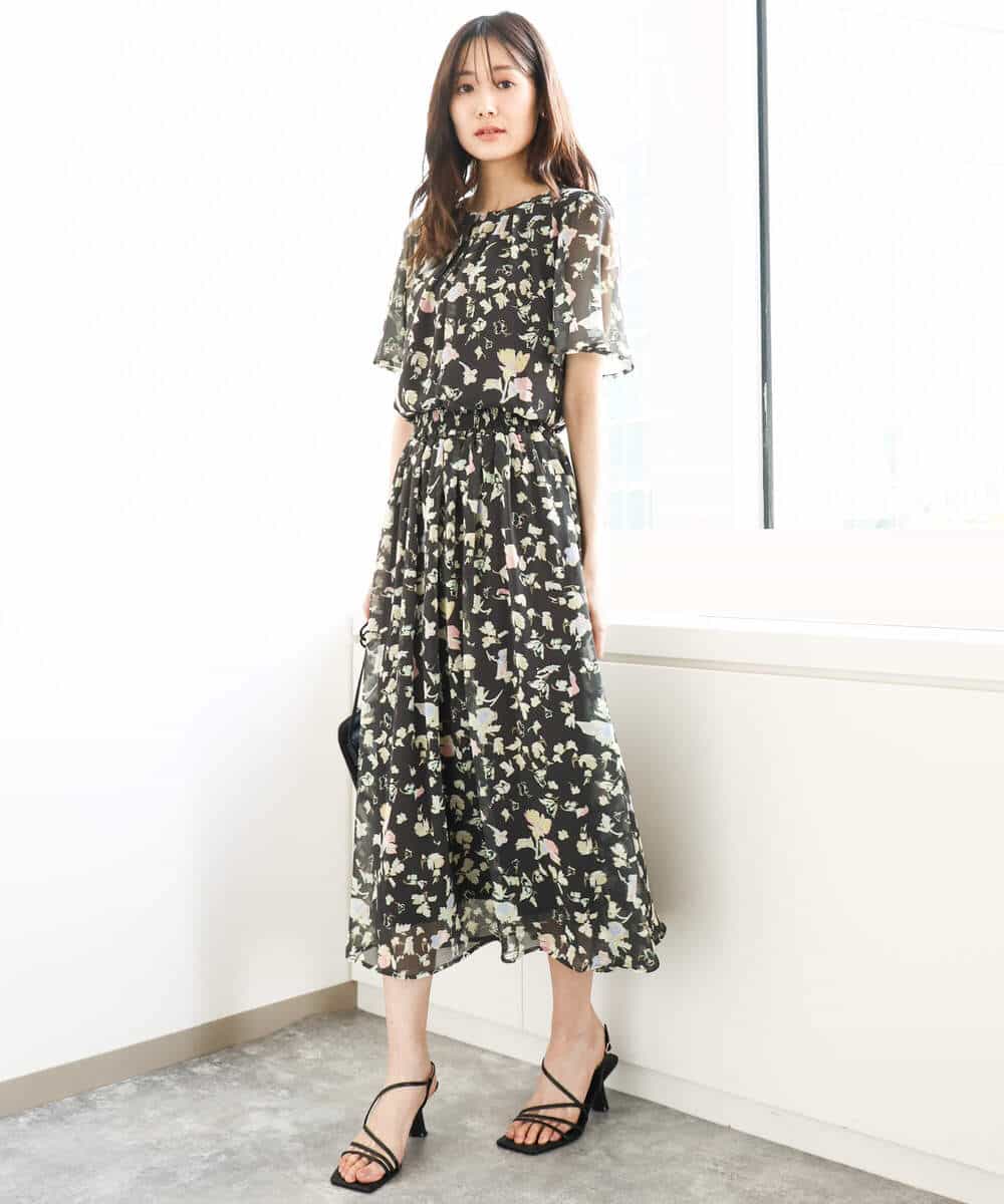 FKBGA04140 MK MICHEL KLEIN(MK ミッシェルクラン) フレアースリーブ花柄シフォンブラウス/洗える チャコール