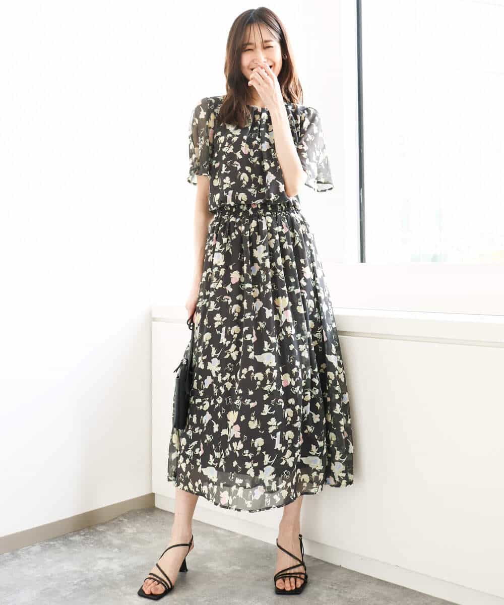 FKBGA04140 MK MICHEL KLEIN(MK ミッシェルクラン) フレアースリーブ花柄シフォンブラウス/洗える チャコール