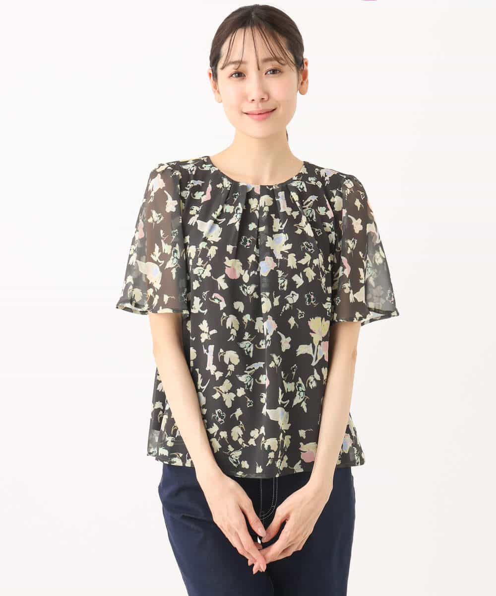 FKBGA04140 MK MICHEL KLEIN(MK ミッシェルクラン) フレアースリーブ花柄シフォンブラウス/洗える チャコール