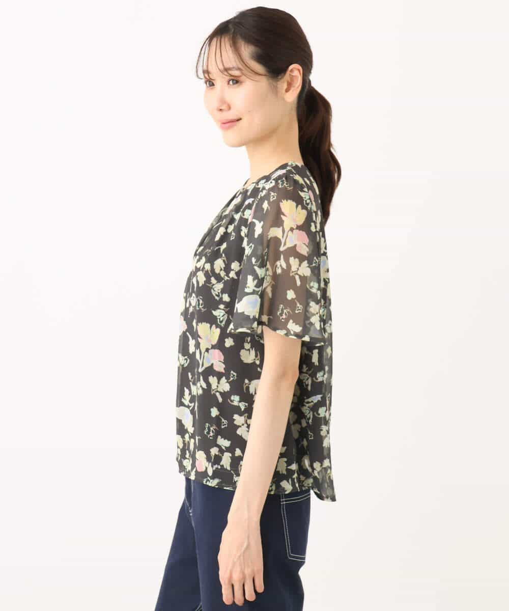 FKBGA04140 MK MICHEL KLEIN(MK ミッシェルクラン) フレアースリーブ花柄シフォンブラウス/洗える チャコール