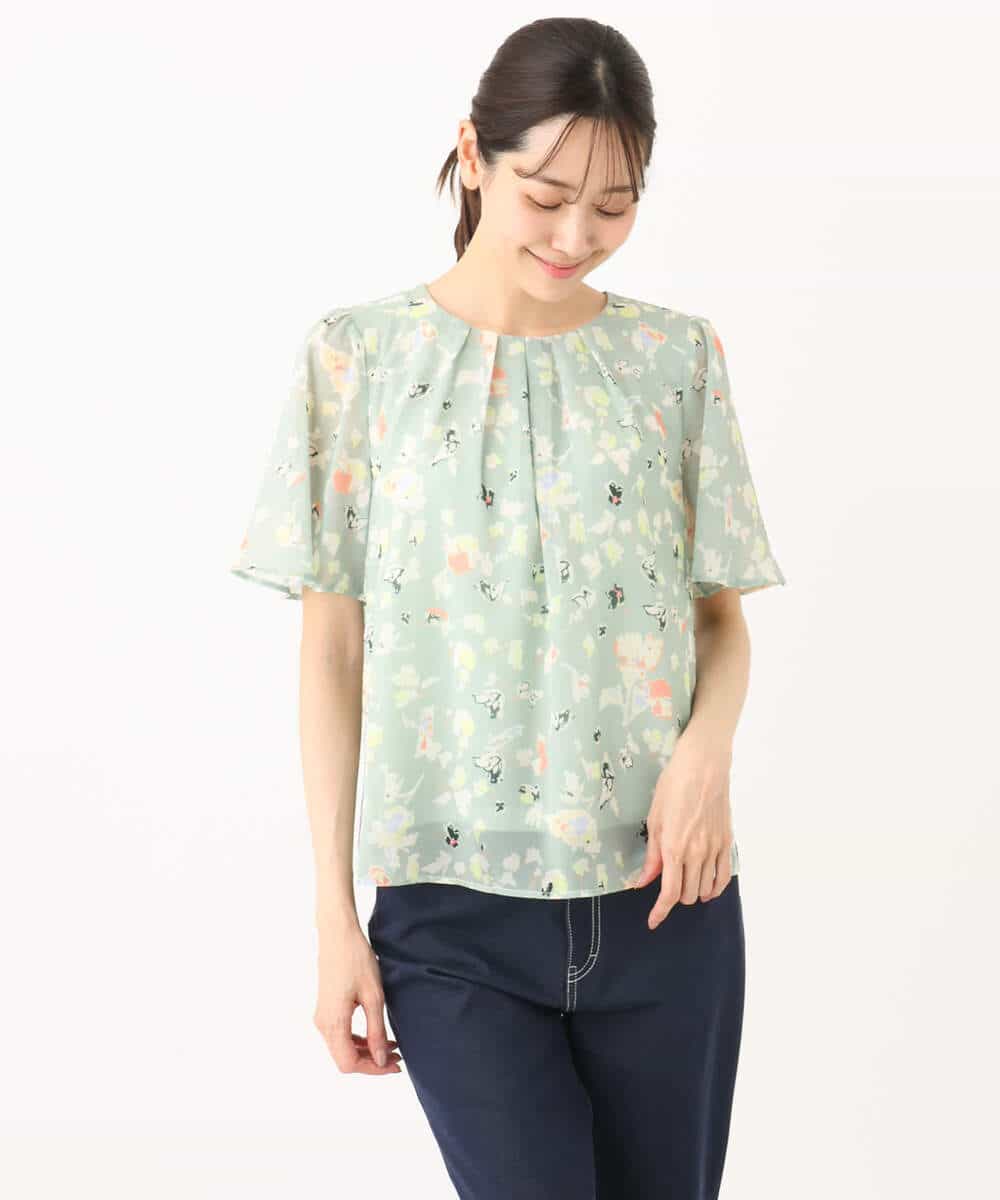 FKBGA04140 MK MICHEL KLEIN(MK ミッシェルクラン) フレアースリーブ花柄シフォンブラウス/洗える チャコール