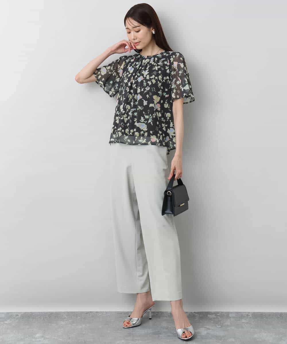 FKBGA04140 MK MICHEL KLEIN(MK ミッシェルクラン) フレアースリーブ花柄シフォンブラウス/洗える チャコール