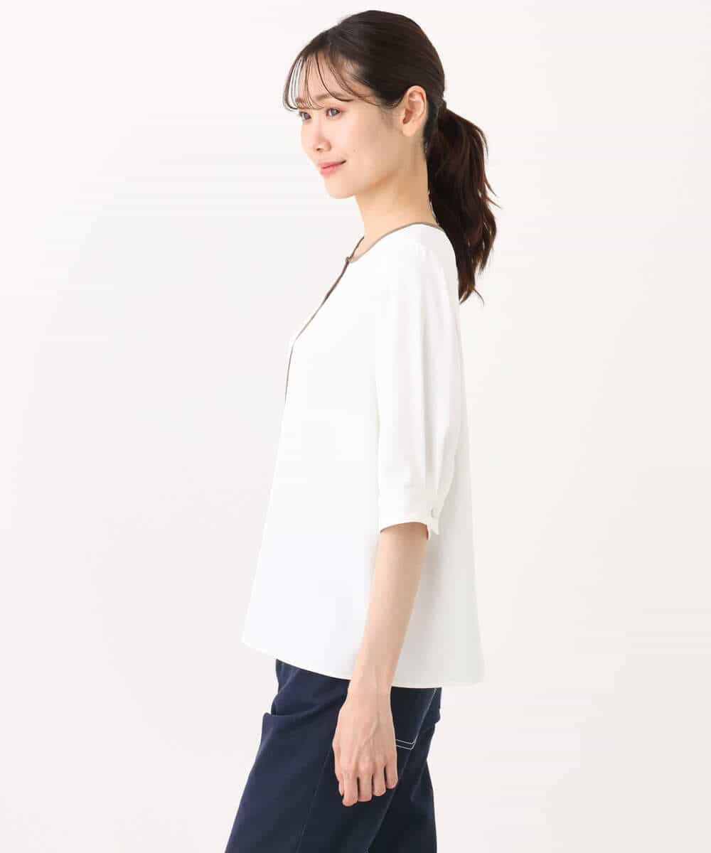 FKBGA41130 MK MICHEL KLEIN(MK ミッシェルクラン) 配色パイピングVネックブラウス/洗える アイボリー