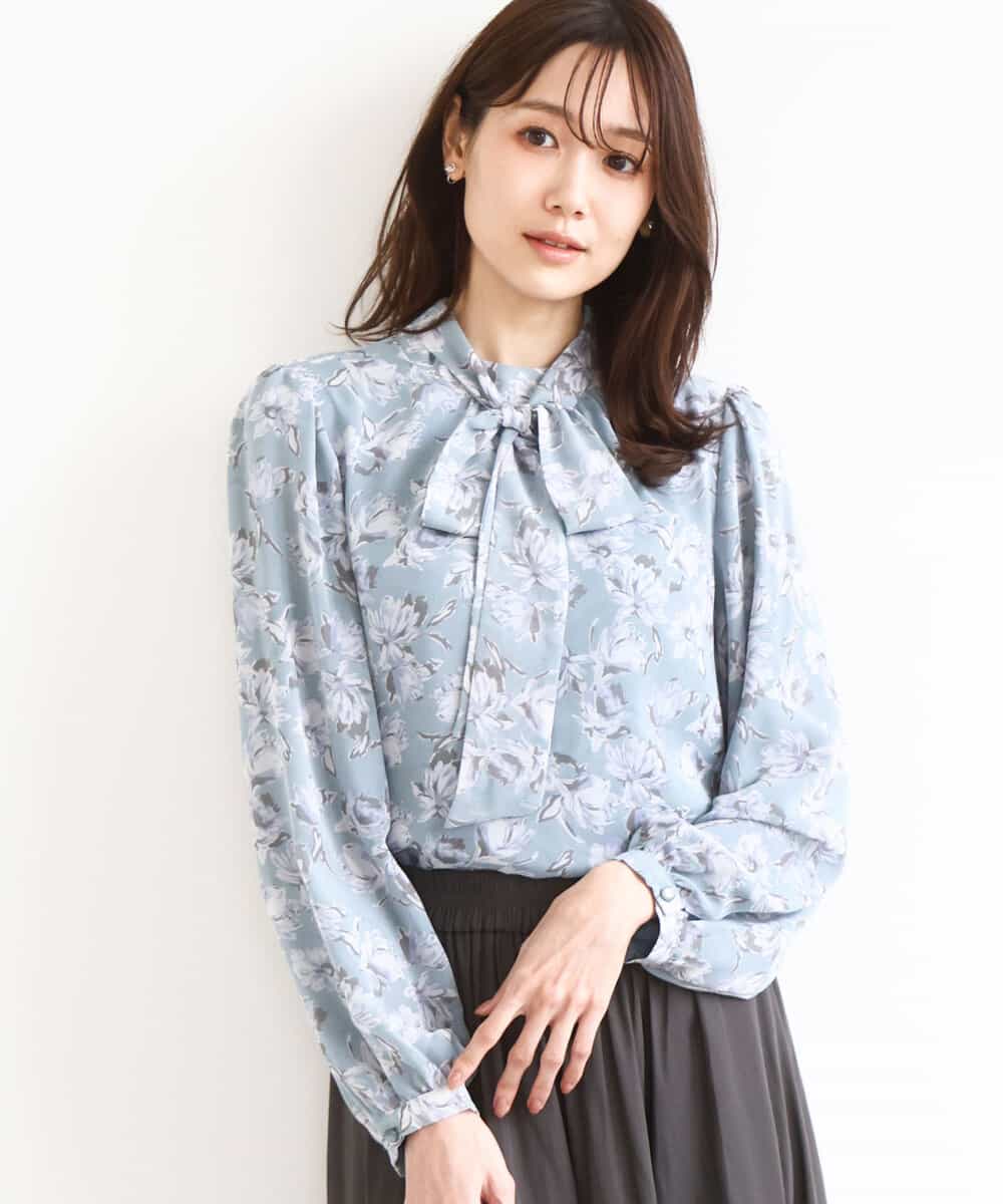 FKBGD01140 MK MICHEL KLEIN(MK ミッシェルクラン) ボウタイ付き花柄シフォンブラウス/洗える ミントブルー